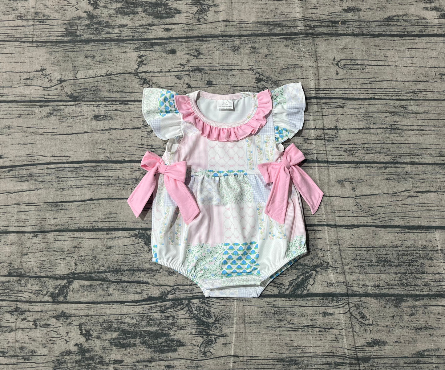 Baby Girls Bows Flowers Checked Bows Flutter Sleeve Ruffle Rompers