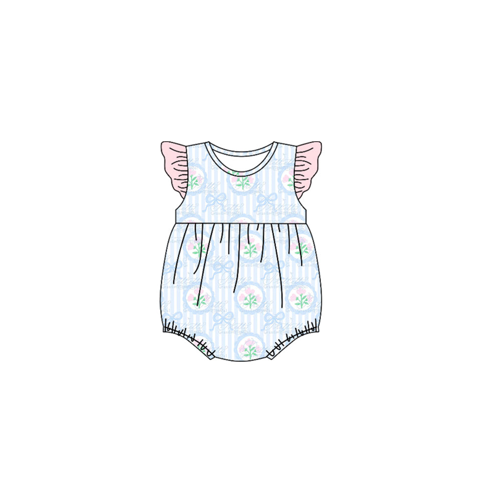 Baby Girls Flutter Sleeve Bows Flowers Ruffle Rompers Preorder