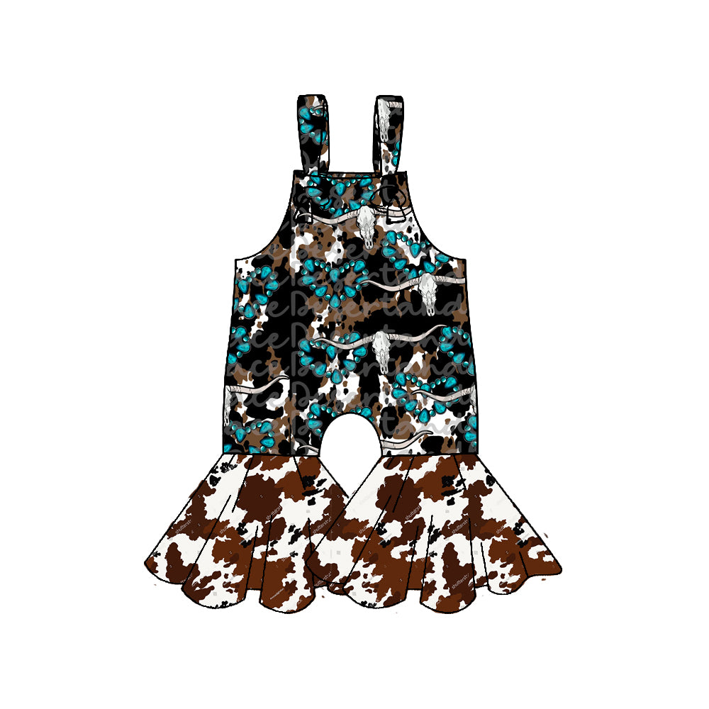 Baby Girls Strap Bull Skulls Turquoises Bell Bottom Pants Western Jumpsuits Preorder