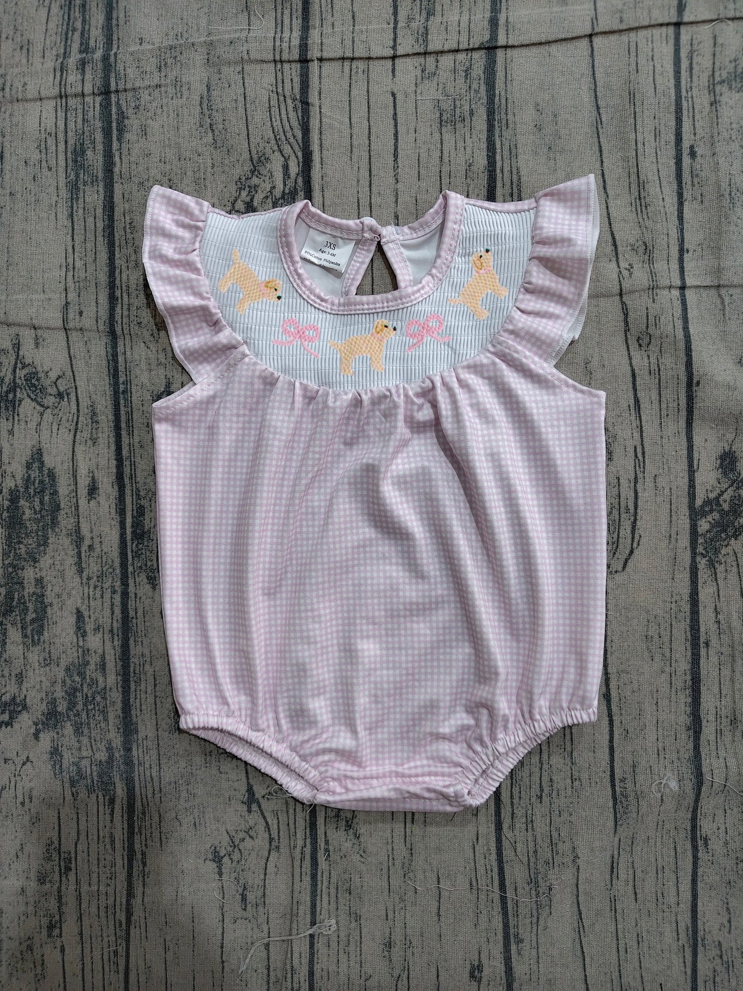Smocked Dogs Bows Baby Girls Flutter Sleeve Valentine Ruffle Rompers Preorder