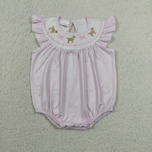 Smocked Dogs Bows Baby Girls Flutter Sleeve Ruffle Rompers