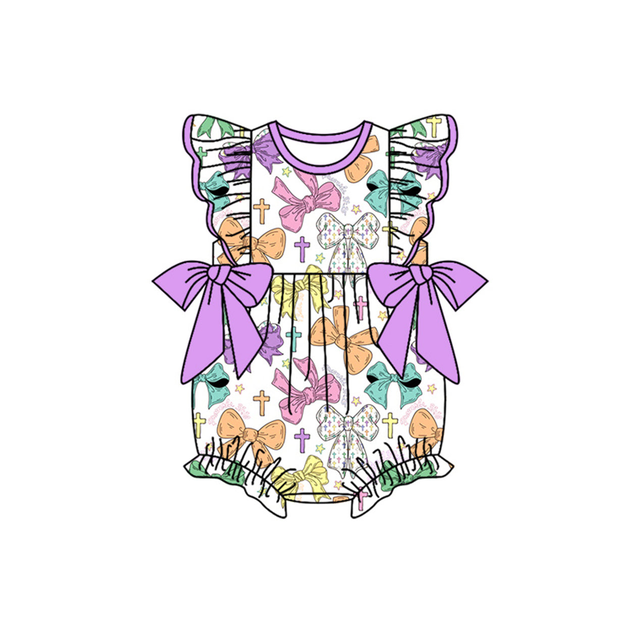 Baby Girls Flutter Sleeve Crosses Bows Easter Ruffle Rompers Preorder