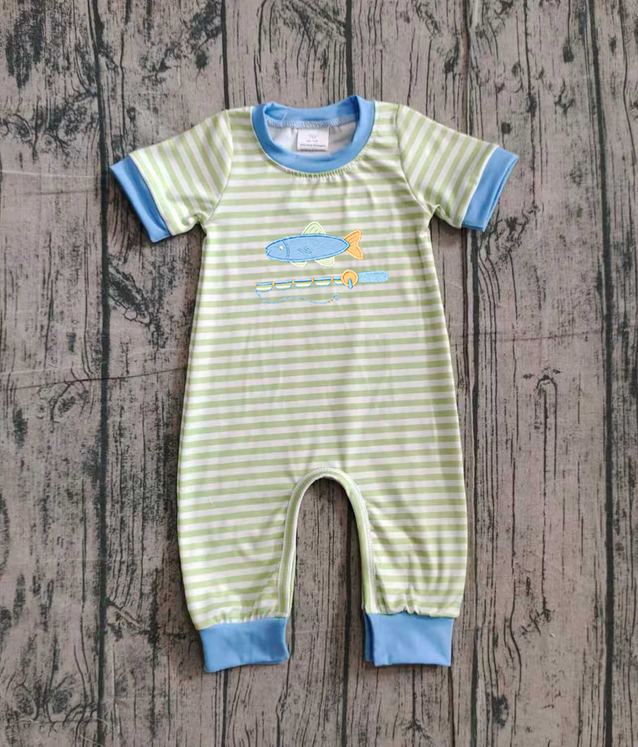 Embroidery Fishing Baby Boys Stripe Hunting Footie Rompers