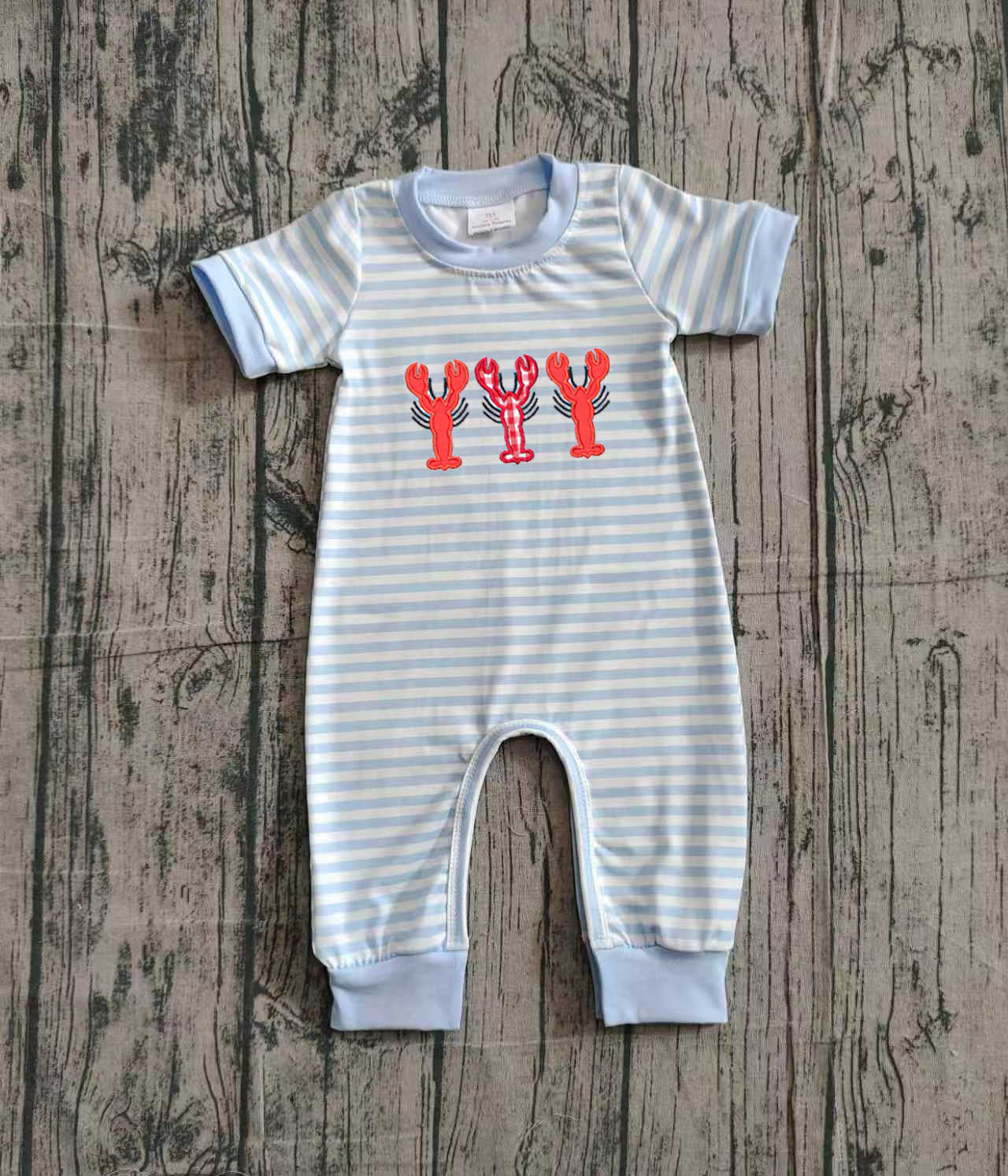 Embroidery Crayfishes Baby Boys Grey Stripe Footie Rompers Preorder