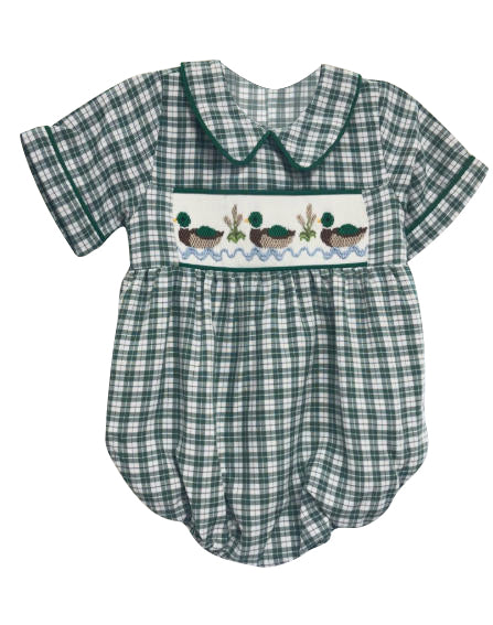 Baby Girls Green Checked Ducks Collar Short Sleeve Rompers Preorder