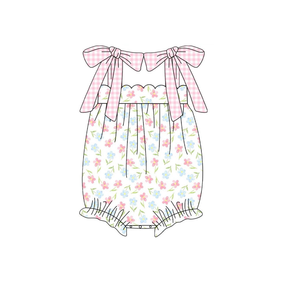 Baby Girls Pink Checked Strap Flowers Ruffle Rompers Preorder