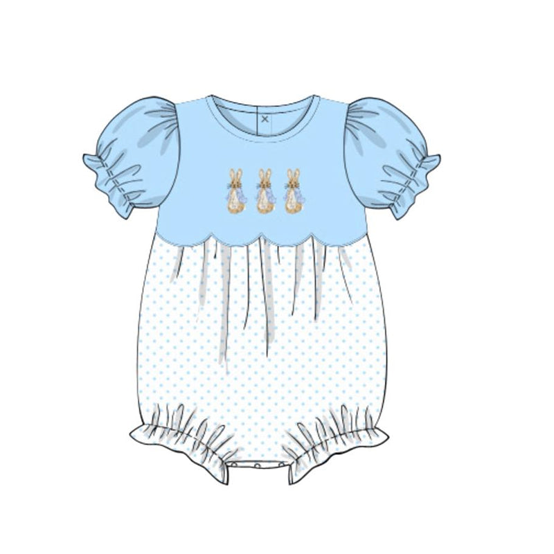 Baby Girls Short Sleeve Blue Rabbits Polka Dots Easter Rompers Preorder