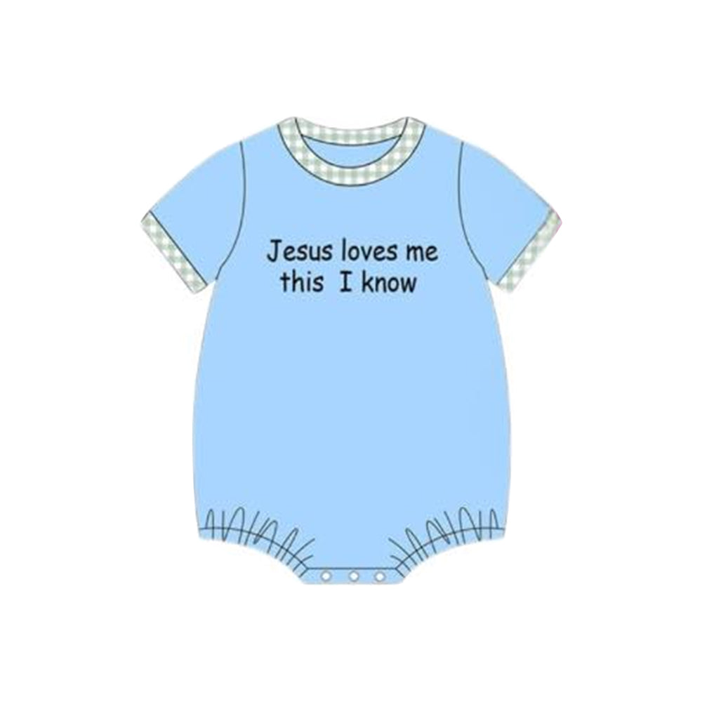 Baby Boys Blue Short Sleeve Jesus Love Me Rompers Preorder