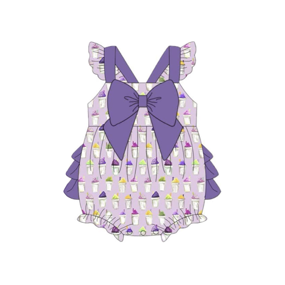 Baby Girls Purple Flutter Sleeve Coffee Bows Ruffle Rompers Preorder