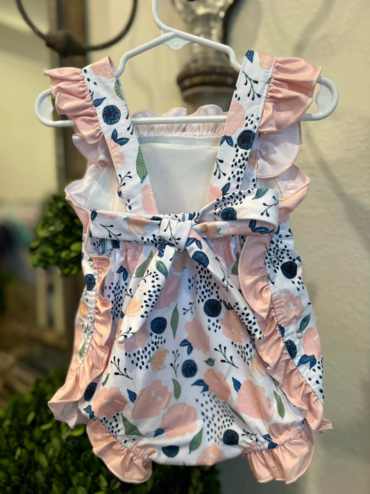 Baby Girls Peach Flowers Back Bows Ruffle Rompers Preorder