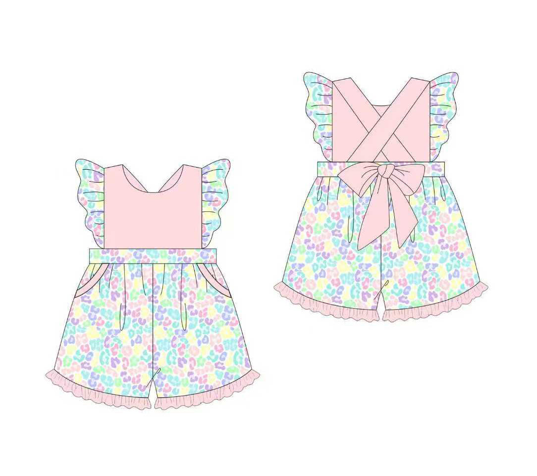 Baby Girls Colorful Leopard Back Bows Pockets Shorts Jumpsuits Preorder