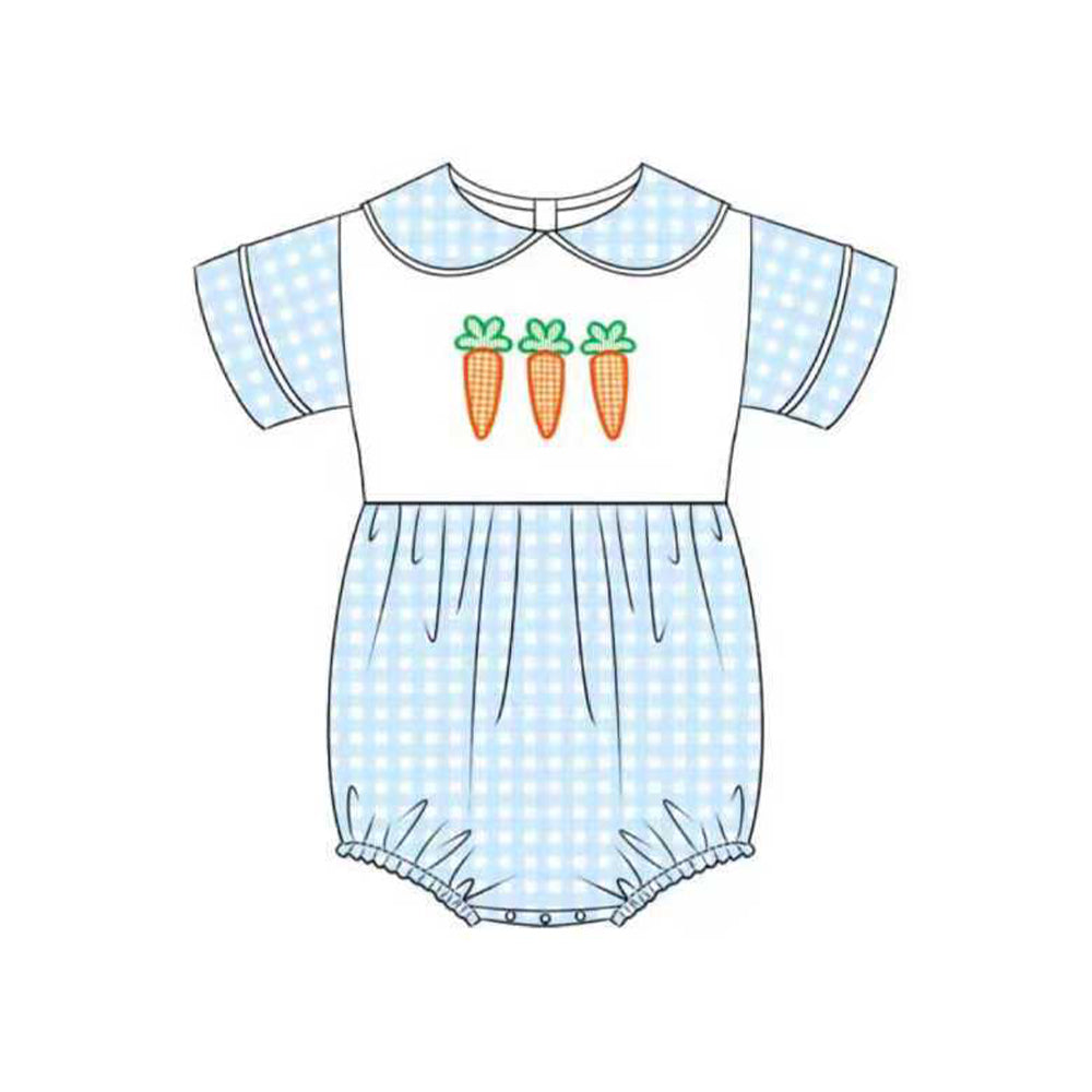 Baby Boys Blue Checked Carrots Easter Collar Rompers Preorder
