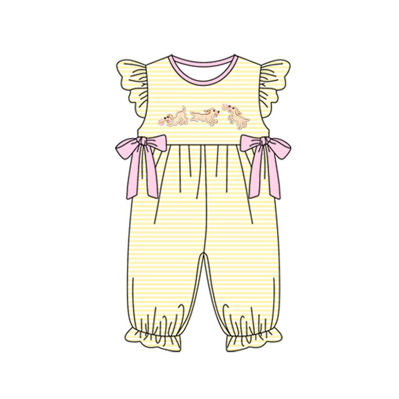 Baby Girls Stripe Dogs Bows Ruffle Footie Rompers Preorder