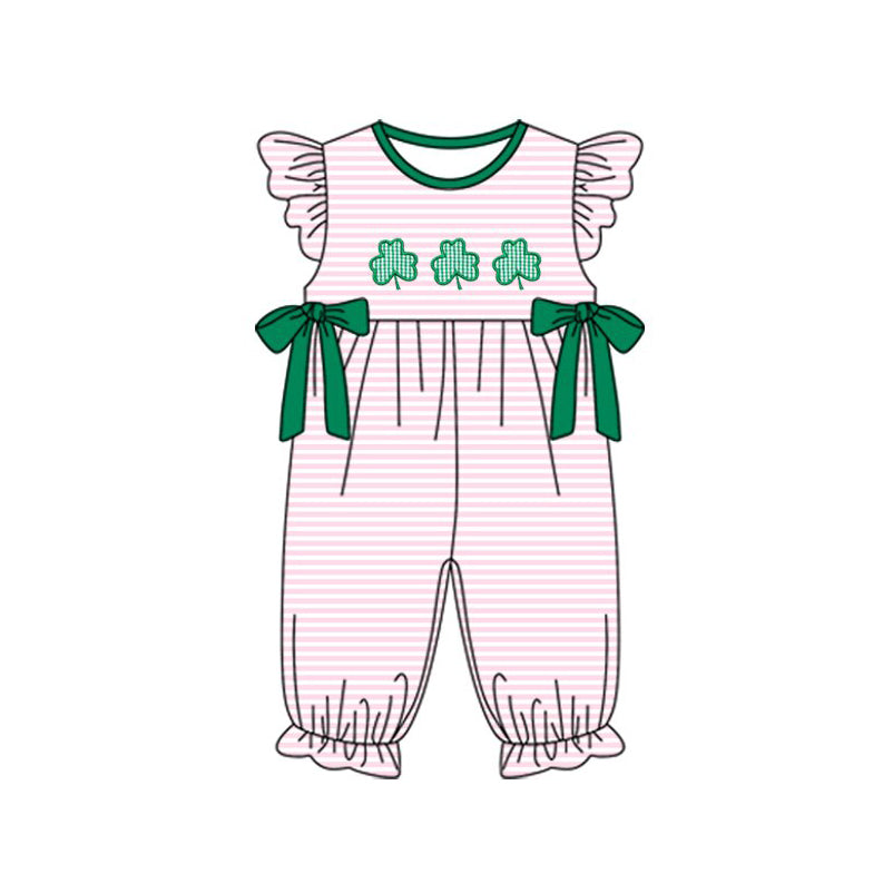 Baby Girls Stripe Clovers Bows Ruffle Footie Rompers Preorder
