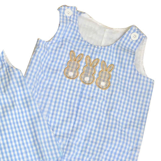Baby Boys Blue Checked Rabbits Easter Rompers Preorder