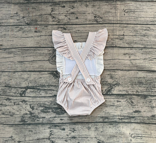 Embroidery Stripe Shells Baby Girls Flutter Sleeve Ruffle Rompers Preorder
