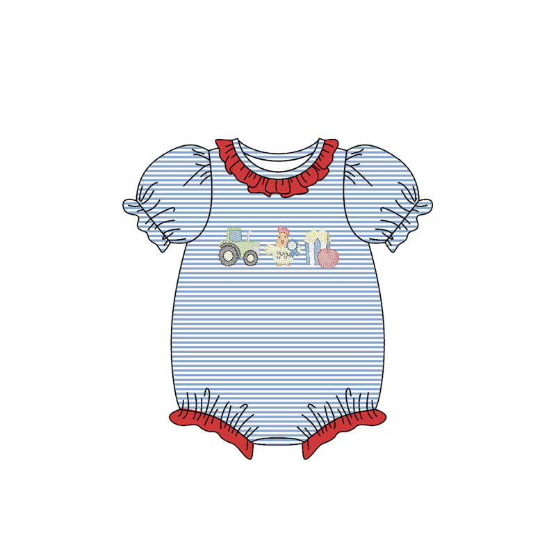 Baby Girls Farm Trucks Chicks Stripe Collar Ruffle Rompers Preorder