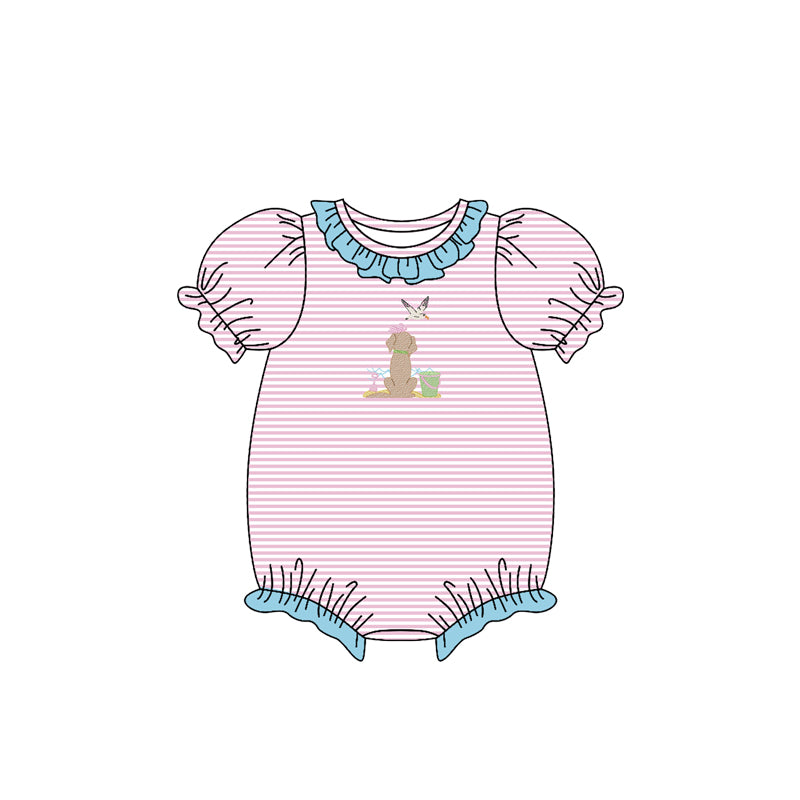 Baby Girls Bird Dogs Beach Stripe Collar Ruffle Rompers Preorder