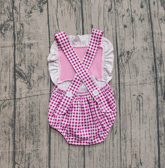 Embroidery Fishing Baby Girls Pink Checked Strap Hunting Ruffle Rompers Preorder