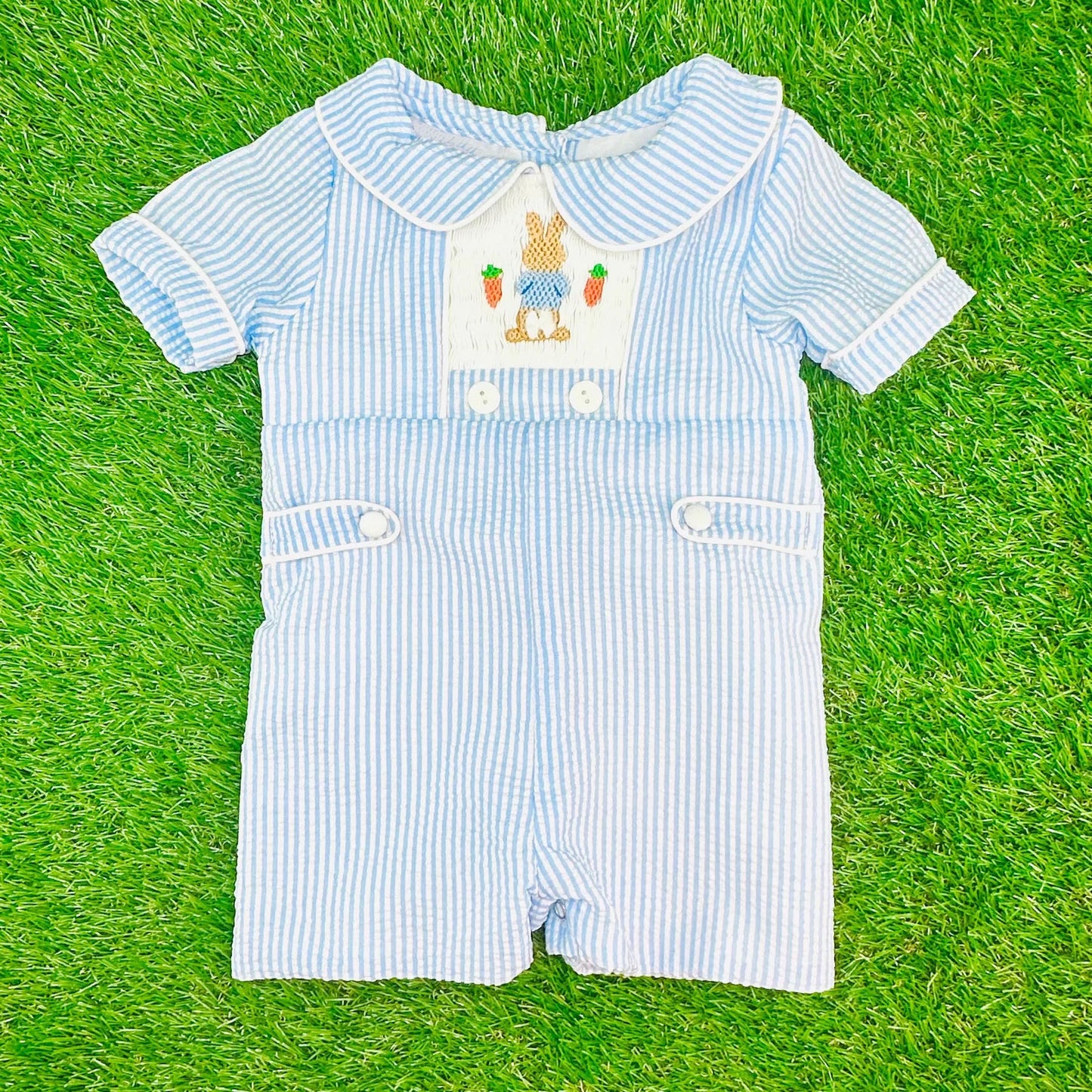 Baby Boys Blue Stripe Rabbits Carrots Easter Short Rompers Preorder