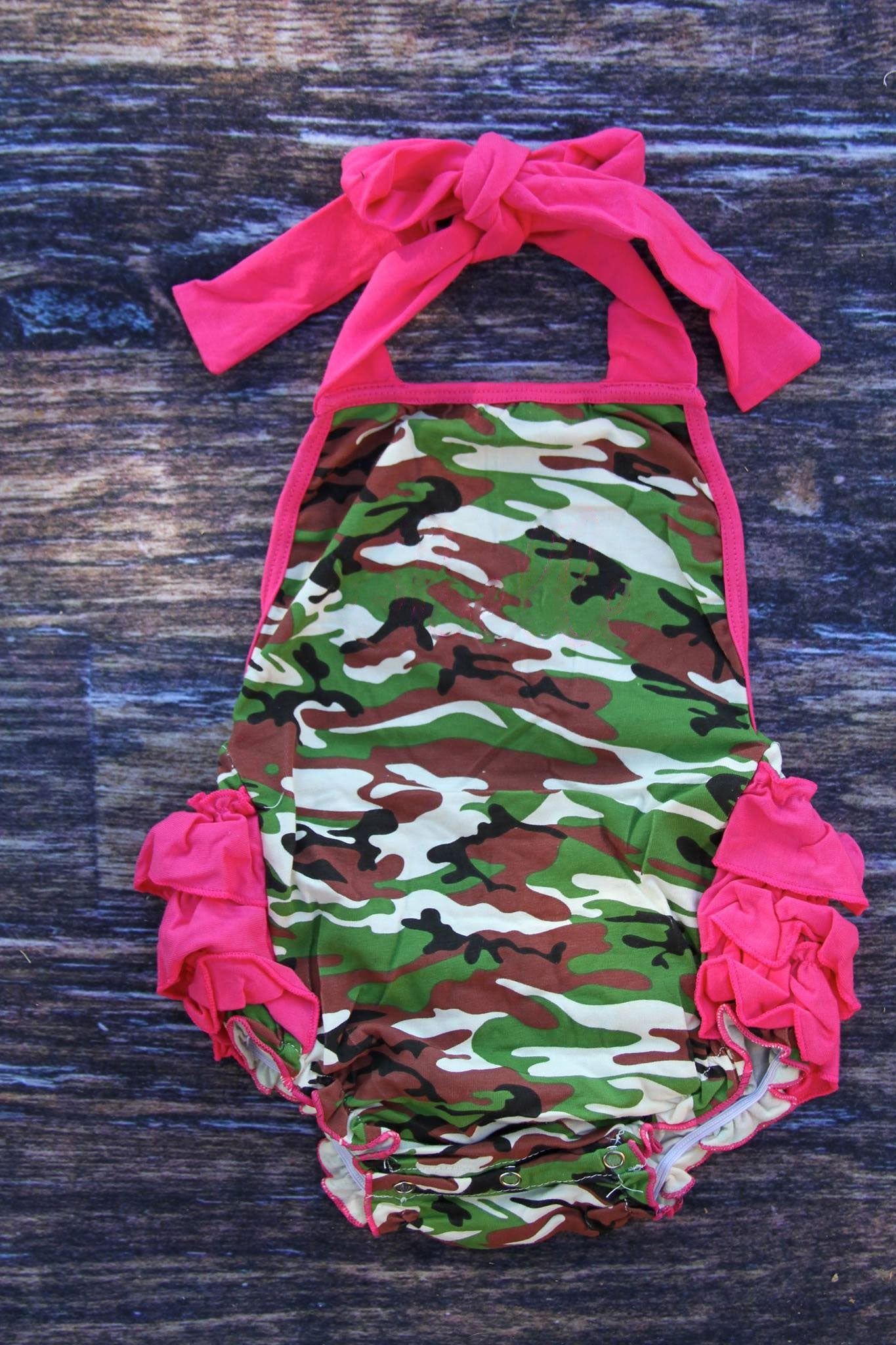 Baby Girls Pink Strap Green Brown Camo Bubbly Ruffle Rompers Preorder