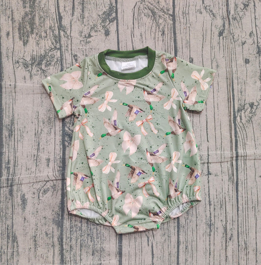 Baby Girls Short Sleeve Green Ducks Bows Hunting Rompers