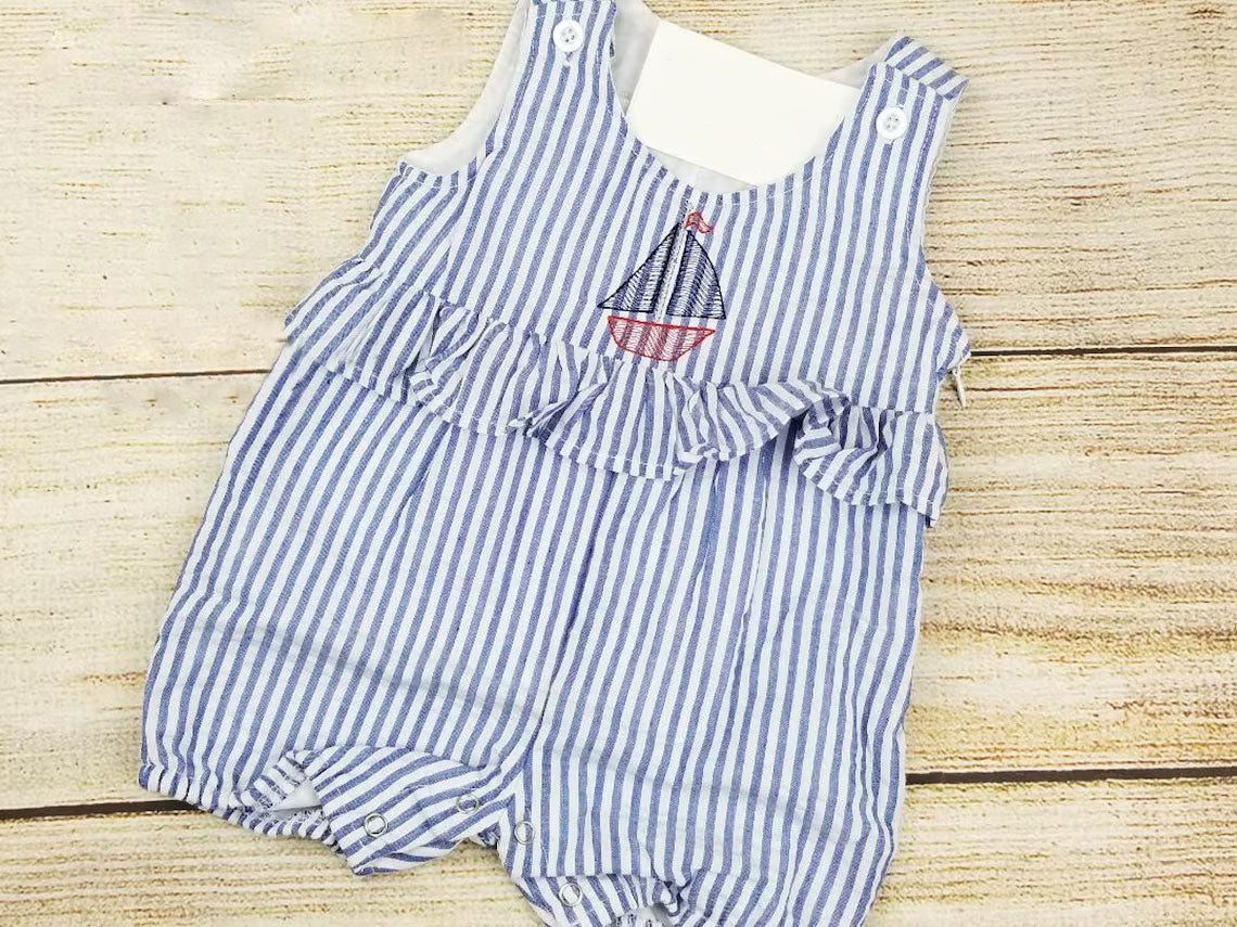 Baby Girls Sleeveless Blue Stripe Boat Ruffle Shorts Rompers Preorder