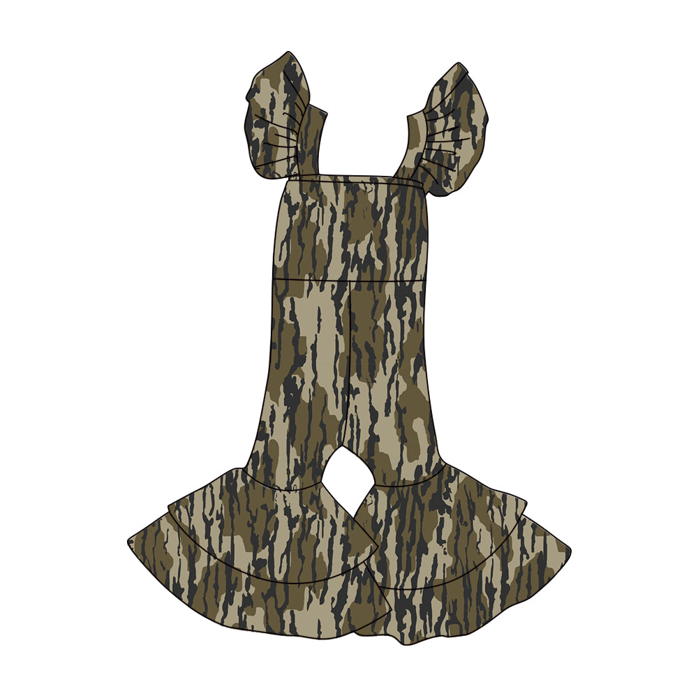 Baby Girls Olive Camo Flutter Sleeve Bell Bottom Southern Jumpsuits Preorder