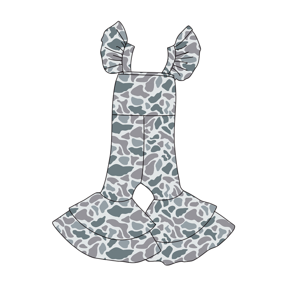 Baby Girls Grey Camo Flutter Sleeve Bell Bottom Southern Jumpsuits Preorder