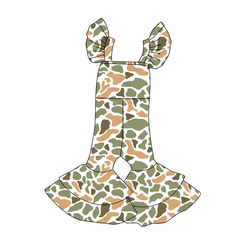 Baby Girls Green Orange Camo Flutter Sleeve Bell Bottom Southern Jumpsuits Preorder