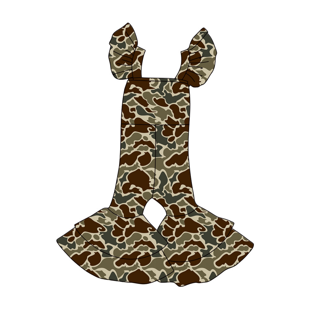 Baby Girls Dark Khaki Camo Flutter Sleeve Bell Bottom Southern Jumpsuits Preorder