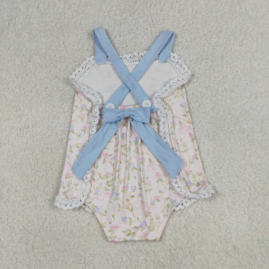 Baby Girls Strap Flowers Plaid Back Bows Ruffle Rompers