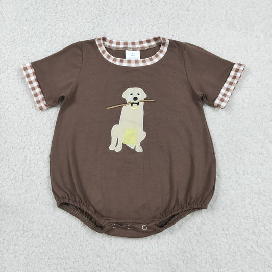 Embroidery Dogs Leaves Baby Boys Brown Short Sleeve Hunting Rompers