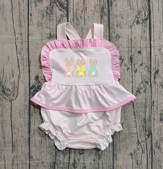 Embroidery Rabbits Baby Girls Strap Easter Ruffle Rompers Preorder