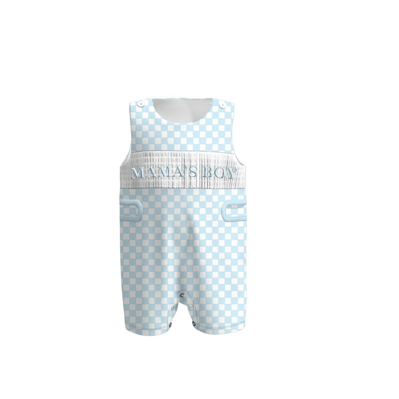 Baby Boys Sleeveless Blue Checked Mama's Boy Shorts Rompers Preorder