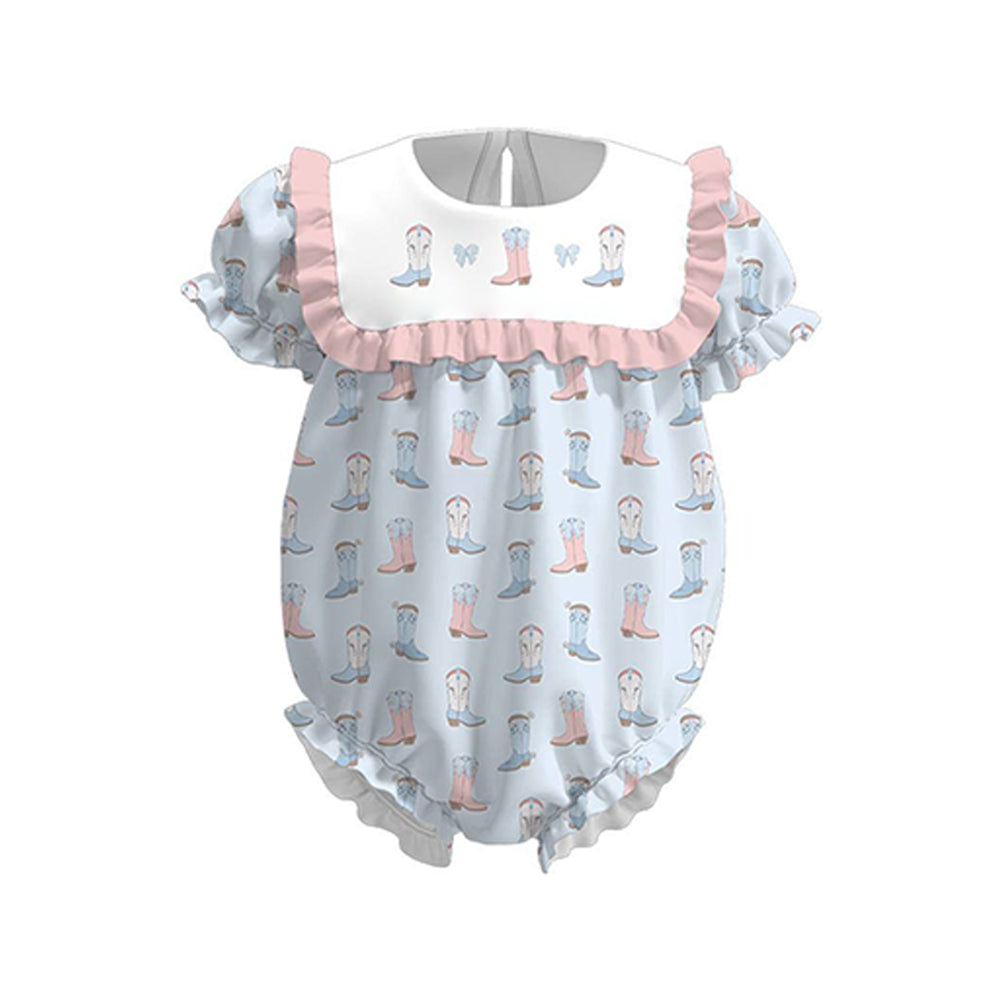 Baby Girls Short Ruffle Sleeve Blue Bows Boots Western Rompers Preorder