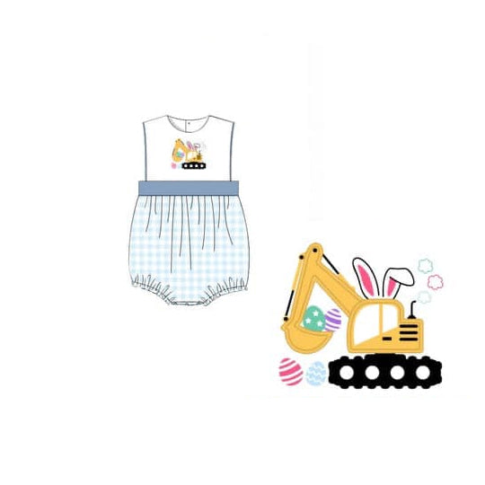 Baby Boys Blue Checked Rabbits Excavators Easter Rompers Preorder