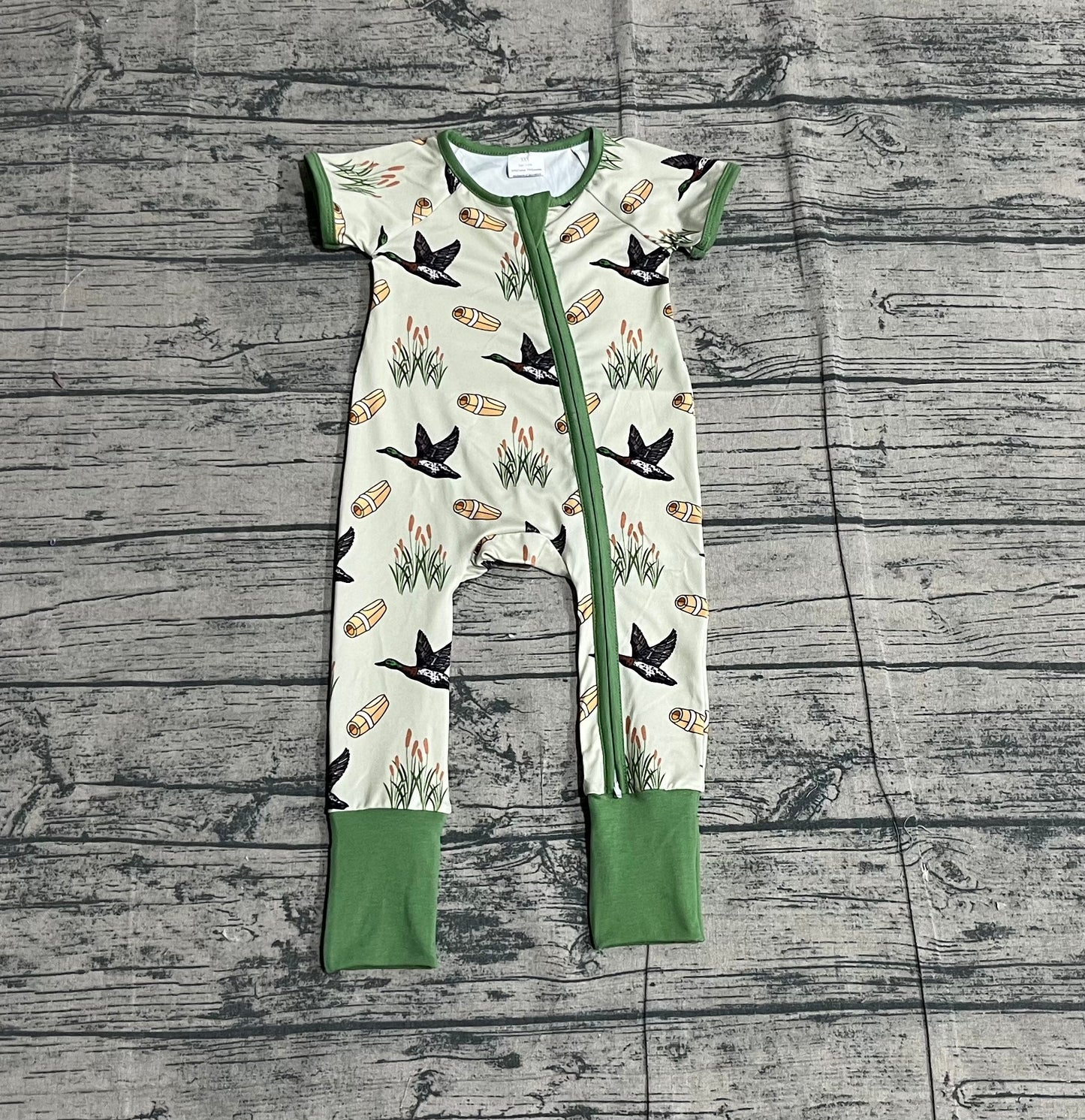 Baby Boys Green Ducks Calls Hunting Two Way Zip Convertible Rompers
