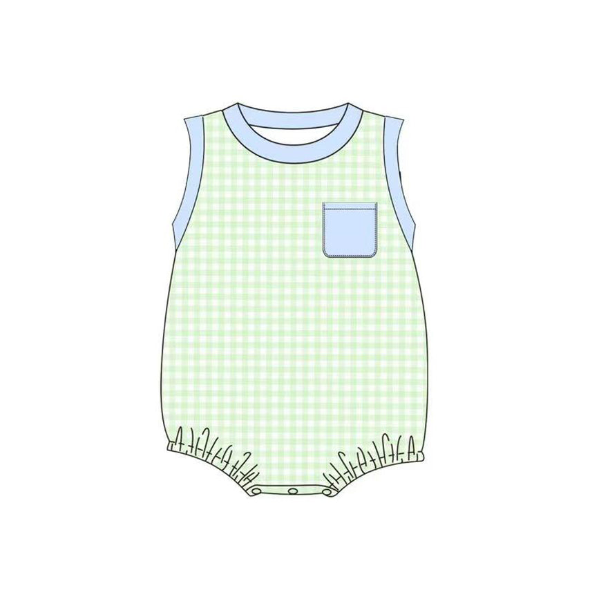 Baby Boys Sleeveless Green Checked Pocket Rompers Preorder