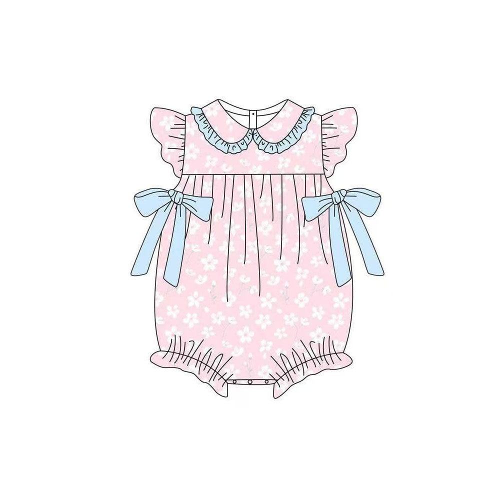 Baby Girls Pink Flutter Sleeve Flowers Bows Collar Ruffle Rompers Preorder
