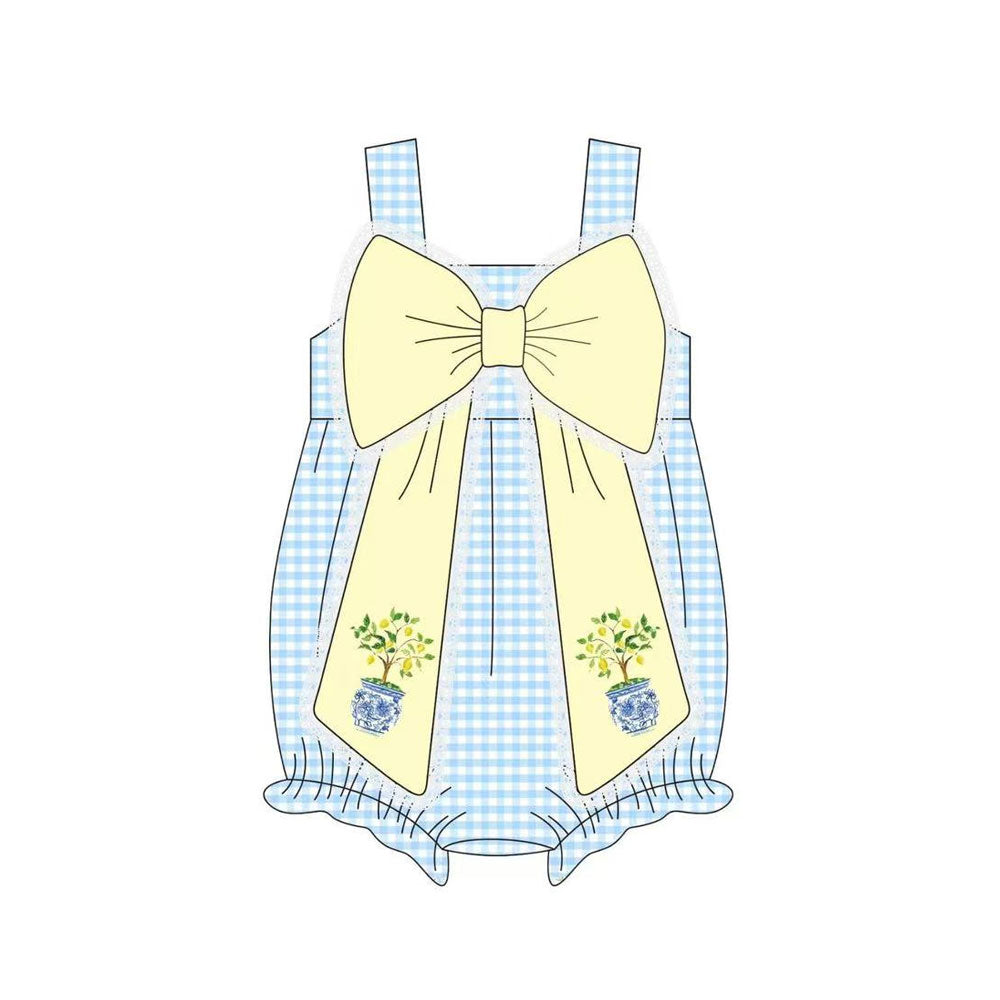 Baby Boys Blue Checked Strap Flowers Bows Ruffle Rompers Preorder