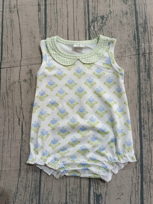 Baby Girls Sleeveless Flowers Plaid Collar Ruffle Rompers