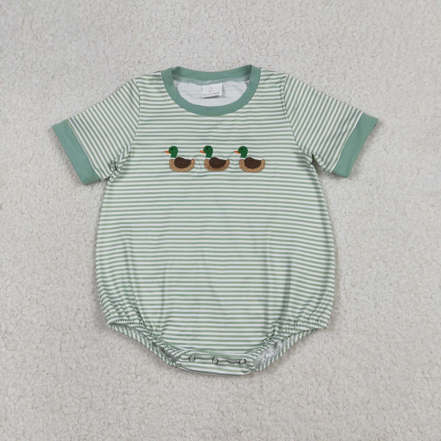 Embroidery Ducks Baby Boys Green Stripe Short Sleeve Hunting Rompers