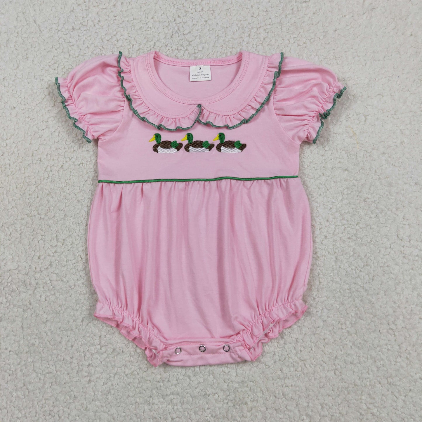 Embroidery Ducks Baby Girls Pink Collar Hunting Ruffle Rompers