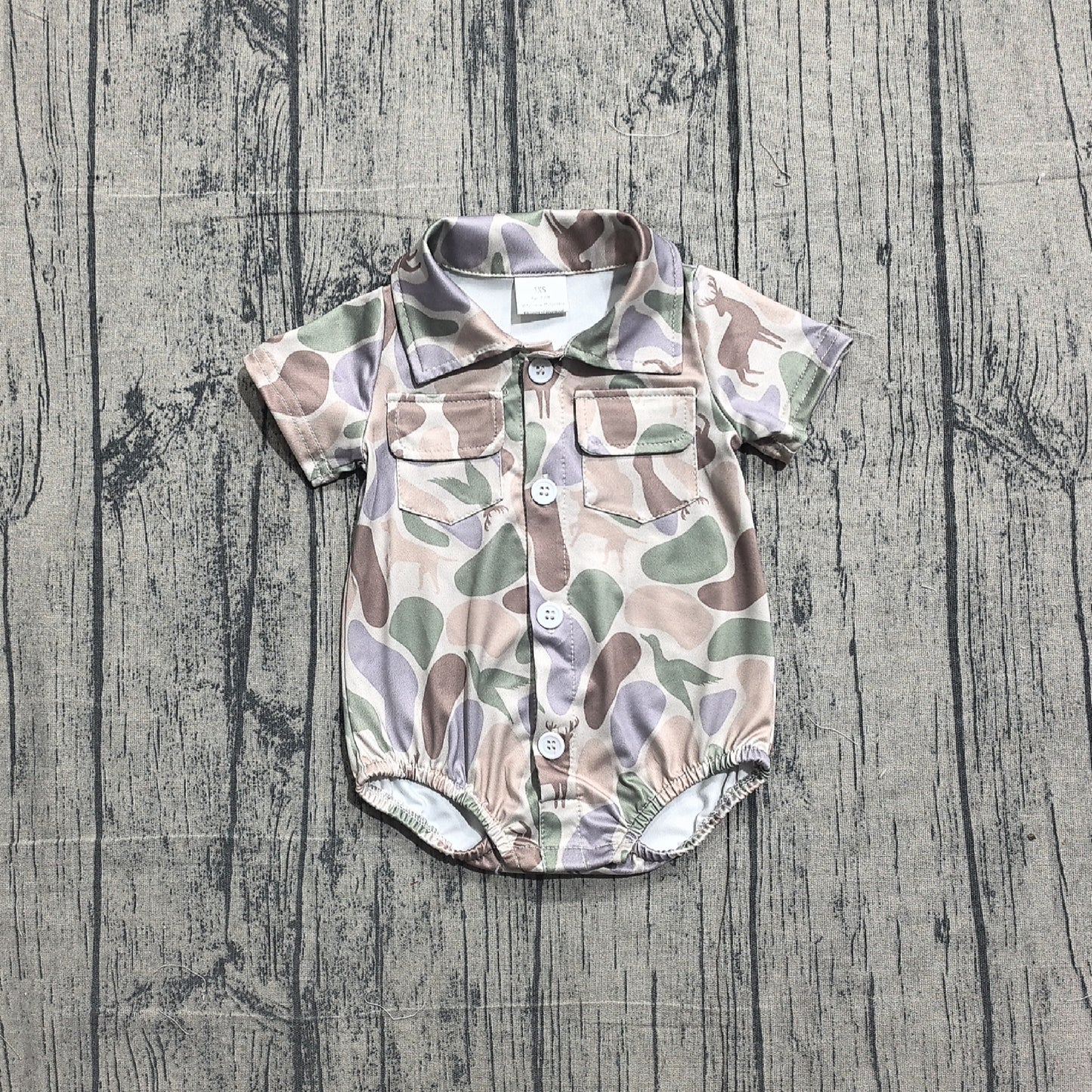 Baby Boys Ducks Dogs Deer Camo Pockets Button Hunting Rompers