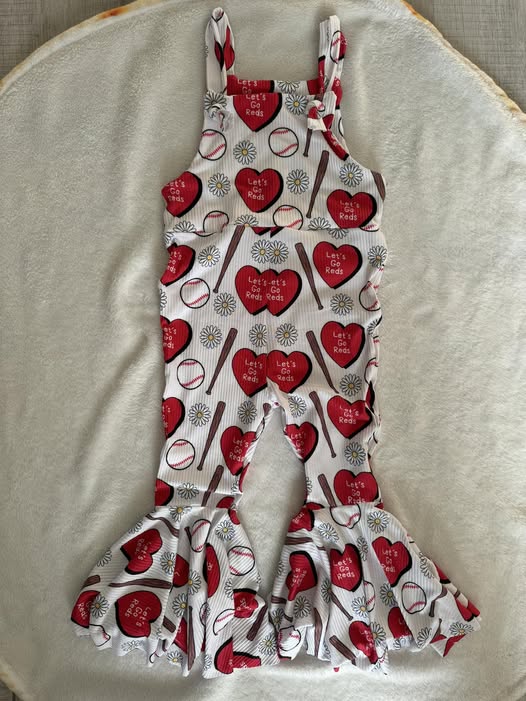 Baby Girls Strap Baseballs Hearts Daisy Team Bell Bottom Jumpsuits Preorder
