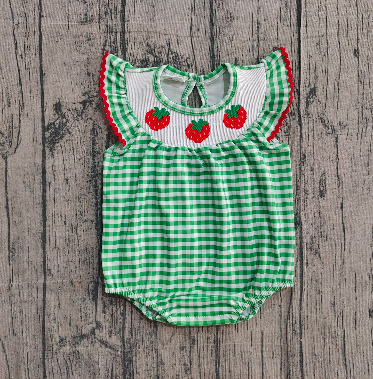 Smocked Strawberry Baby Girls Green Checked Ruffle Rompers Preorder