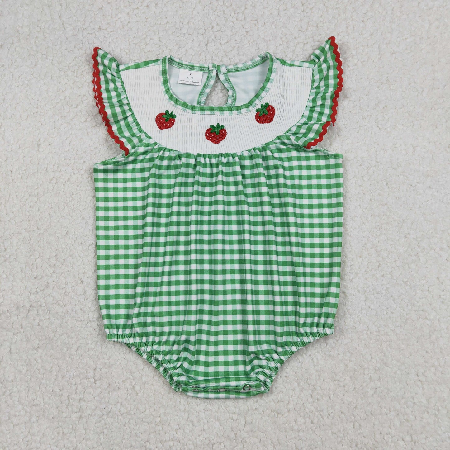 Smocked Strawberry Baby Girls Green Checked Ruffle Rompers