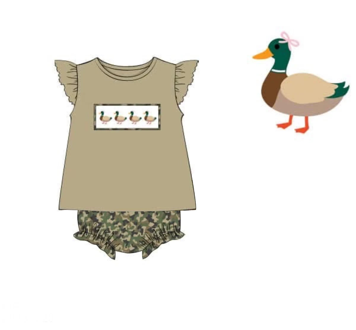 Baby Girls Ducks Bows Tunic Camo Bummies Hunting Rompers Preorder