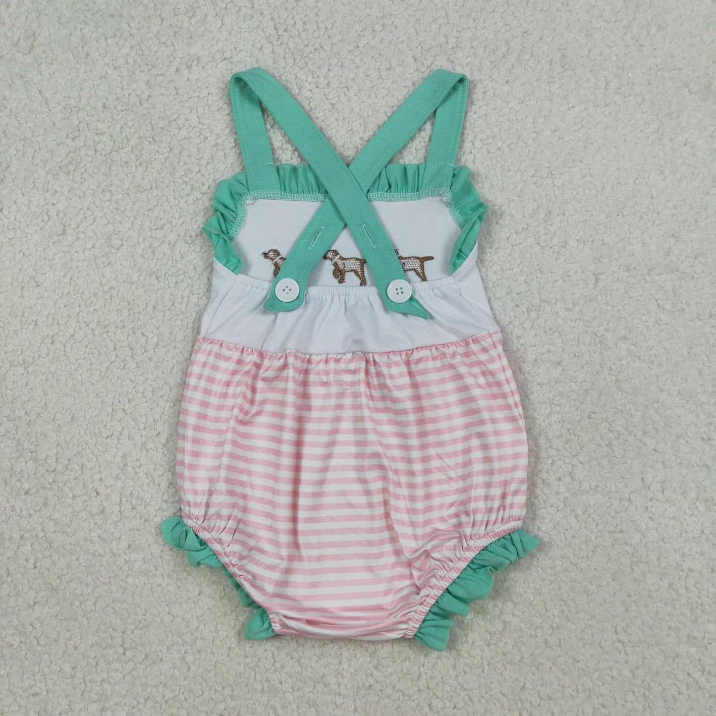 Embroidery Dogs Baby Girls Strap Pink Stripe Hunting Rompers